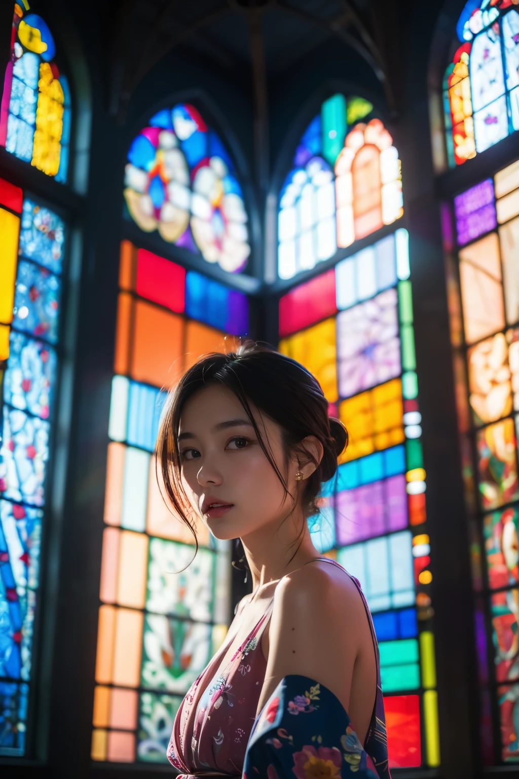 highest quality, 8K resolution, masterpiece, Professional photography, One Japanese woman, 28 years old, Upper Body View, The background is colorful stained glass, Enchanting atmosphere, contemporary scene, Rainbow Glass