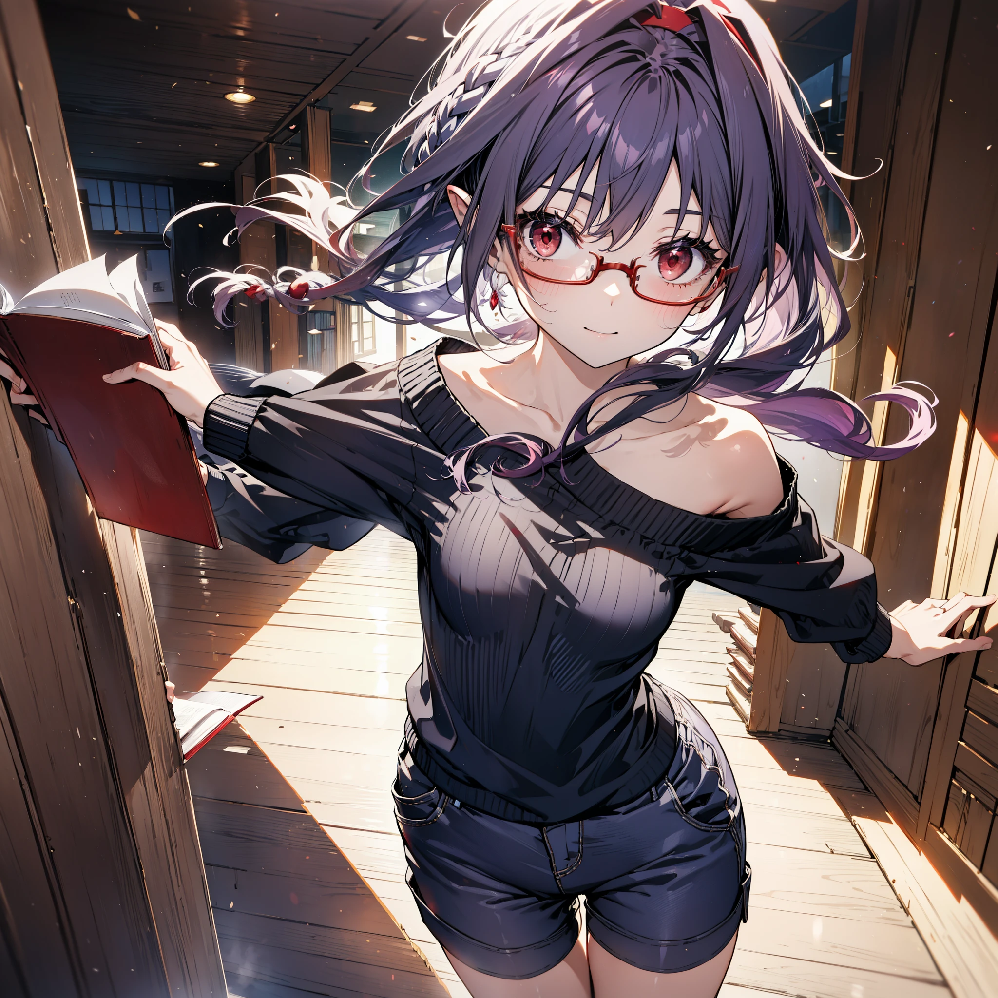 yuukikonno, Konno Yuuki, hair band, Long Hair, Pointed Ears, Purple Hair, (Red eyes:1.5), (Small breasts:1.2), Close your mouth,smile、,Long braids,Black-rimmed glasses,Oversized one-shoulder sweater,Shorts,short boots,Holding a book in both arms,
BREAK looking at viewer, whole body,(Cowboy Shot:1. 5)
BREAK indoors, Figure Library,
BREAK (masterpiece:1.2), highest quality, High resolution, unity 8k wallpaper, (figure:0.8), (Beautiful fine details:1.6), Highly detailed face, Perfect lighting, Highly detailed CG, (Perfect hands, Perfect Anatomy),