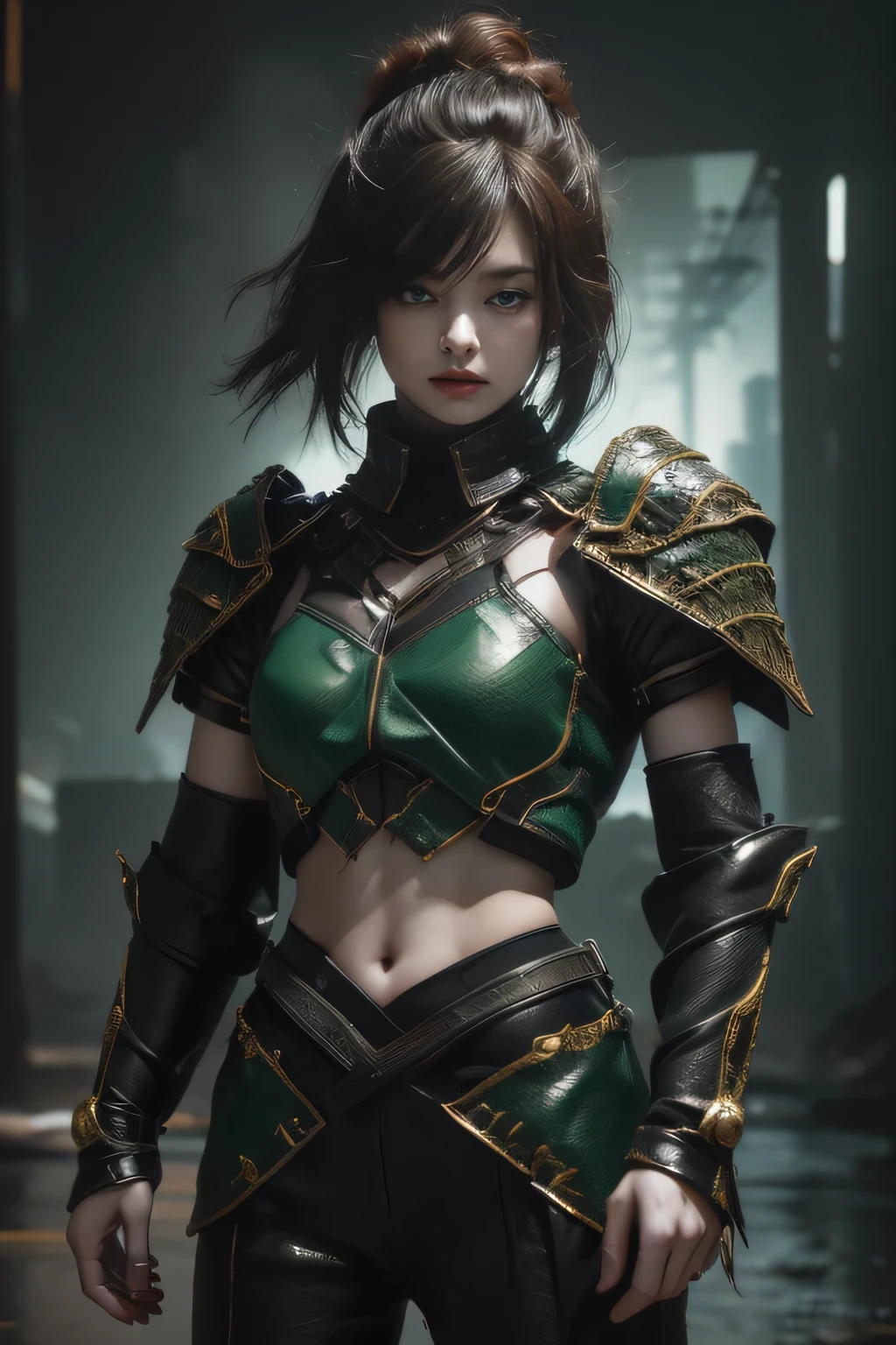 tmasterpiece,Best quality,A high resolution,8K,(Portrait photograph:1.5),(ROriginal photo),real photograph,digital photography,(Combination of cyberpunk and fantasy style),(Female soldier),20 year old girl,random hair style,By bangs,(Red eyeigchest, accessories,Redlip,(He frowned,Sneer),(Cyberpunk combined with fantasy style clothing,Openwork design,joint armor,police uniforms,Red clothes,Green),exposing your navel,Photo pose,Realisticstyle,Thunder and lightning on rainy day,(Thunder magic),oc render reflection texture