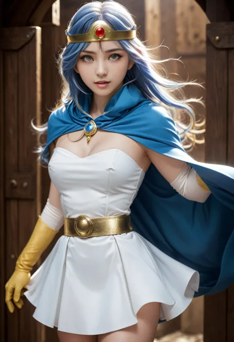 dqsage movie action shot of a long-haired girl in a blue cape and white dress, yellow gloves, blue hair, (close), dramatic light...