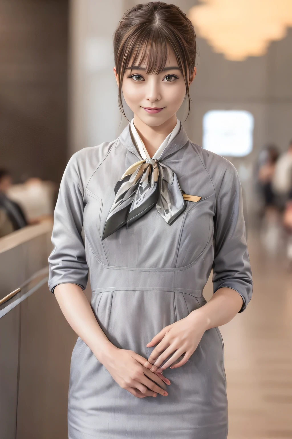 (шедевр:1.2、высшее качество:1.2)、32К HDR、Высокое разрешение、(один、1 девочка、Стройная фигура)、（Реалистичный стиль с униформой Starlux Airlines）、 (В зале аэропорта, Профессиональное освещение)、Фон зала ожидания аэропорта、Правильная женщина, красивое лицо,、（Серебряная униформа Starlux Airlines:1.4）、（Серебряная униформа Starlux Airlines with short sleeves）、（шарф на груди）、большая грудь、（длинные волосы вверх、Пучок волос）、темно-коричневые волосы、дальний план、（（Отличные руки：2.0））、（（Гармоничные пропорции тела.：1.5））、（（Нормальные конечности：2.0））、（（Нормальный палец：2.0））、（（нежные глаза：2.0））、（（Нормальные глаза：2.0））)、красивая осанка стоя、улыбка,Положите руки на живот