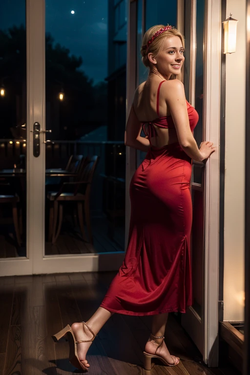 (best quality:1.5), (hyperrealistic:1.5), 8k, uhd, hires, alluring, 1woman, solo, 34_year_old_norwegian_woman, (tall_slender_body), (red_sexy_sandals), (all_red_long_dress), elegance, wearing_pink_flower_crown, pigtailed_braided_short_blonde_haired, hazel_eyed, pale_skin, standing_inside_fancy_dinner, dark_night_scenery_outside_window, front_view, side_view, back_view, smiling