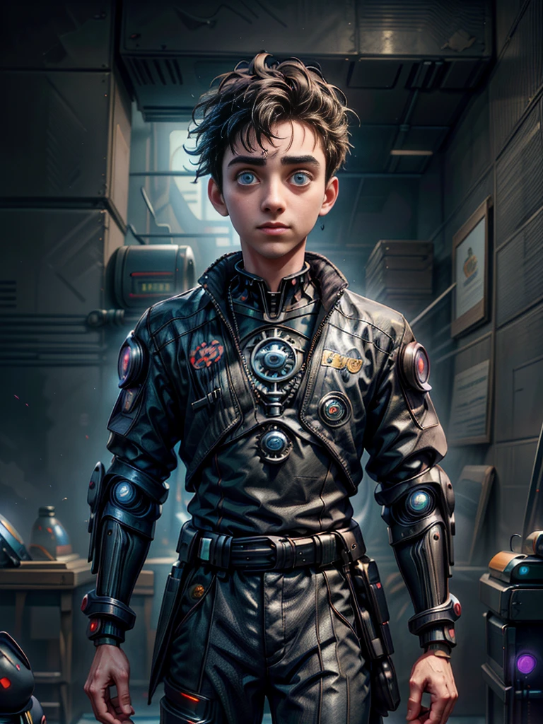 Absurd masterpiece HDR high quality image of a portrait of ((a young student boy, 21 years old, handsome)), ((Tim Burton Cyberpunk theme style))