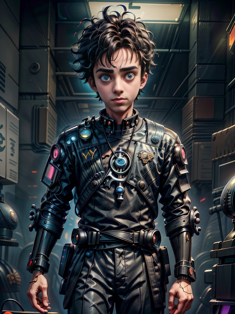 Absurd masterpiece HDR high quality image of a portrait of ((a young student boy, 21 years old, handsome)), ((Tim Burton Cyberpunk theme style))