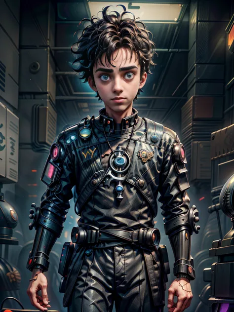 Absurd masterpiece HDR high quality image of a portrait of ((a young student boy, 21 years old, handsome)), ((Tim Burton Cyberpu...