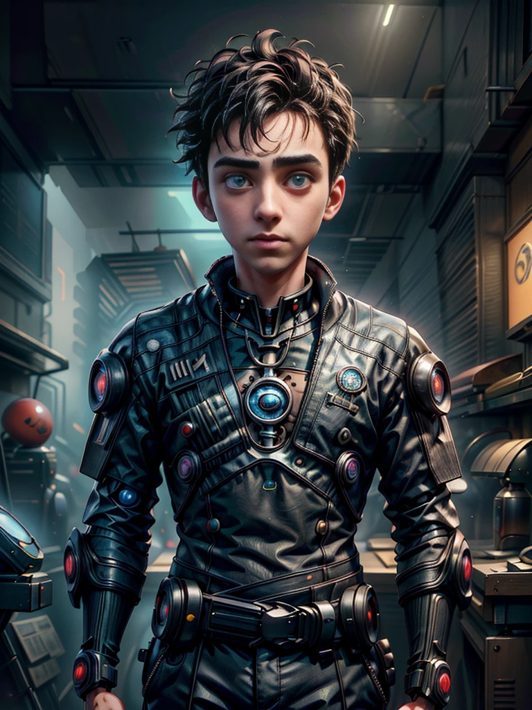 Absurd masterpiece HDR high quality image of a portrait of ((a young student boy, 21 years old, handsome)), ((Tim Burton Cyberpunk theme style))