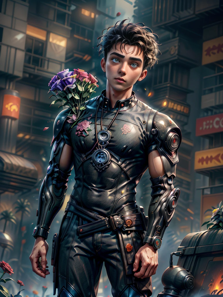 Absurd masterpiece HDR high quality image of a portrait of ((a young and manly, sexy and strong student boy, 20 years old, holding bouquet of flowers, handsome)), ((Tim Burton Cyberpunk theme style)) in the background of burning city