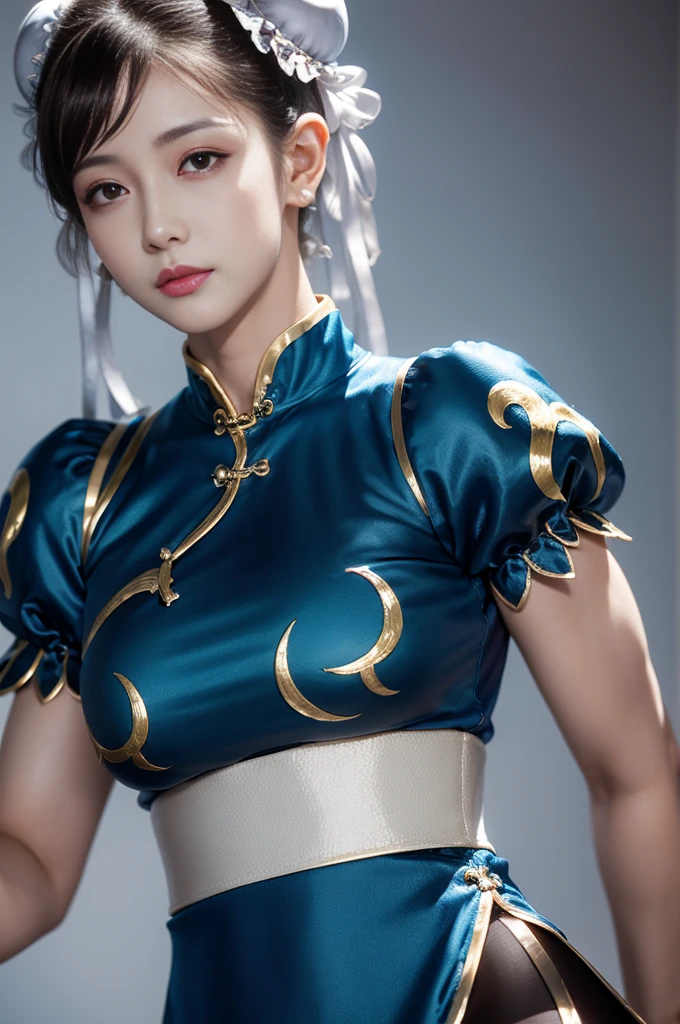 Chun-Li from Street Fight II,The perfect Chun-Li costume,Blue Chinese dress with gold lines,Bunhead,Good cover,Fighting Pose,masterpiece、1 beautiful girl、Fine Eyes、Puffy eyes、highest quality, 超High resolution, (reality: 1.4), Cinema Lighting、Japanese、Asian Beauty、Korean、so beautiful、Beautiful Skin、Body facing forward、Face close-up、(超reality的な)、(High resolution)、(8k)、(Very detailed)、(美しくFine Eyes)、(Very detailed)、 (wall-)、Detailed face、Bright lighting、Professional Lighting、Looking at the audience、Look straight ahead、Diagonal bangs、Nogizaka Idol、Korean Idol、masterpiece, highest quality, masterpiece, highest quality, Perfect Face, Perfect brown eyes with white sclera, Bad move -5, alone, 1 girl, Upper Body, Brown Hair, From SF2, Chinese Language Services, smile, Muscular woman, Blue clothes, pantyhose, Pelvic Curtain, Puff short sleeves, Good cover, sash, evaluation:safety