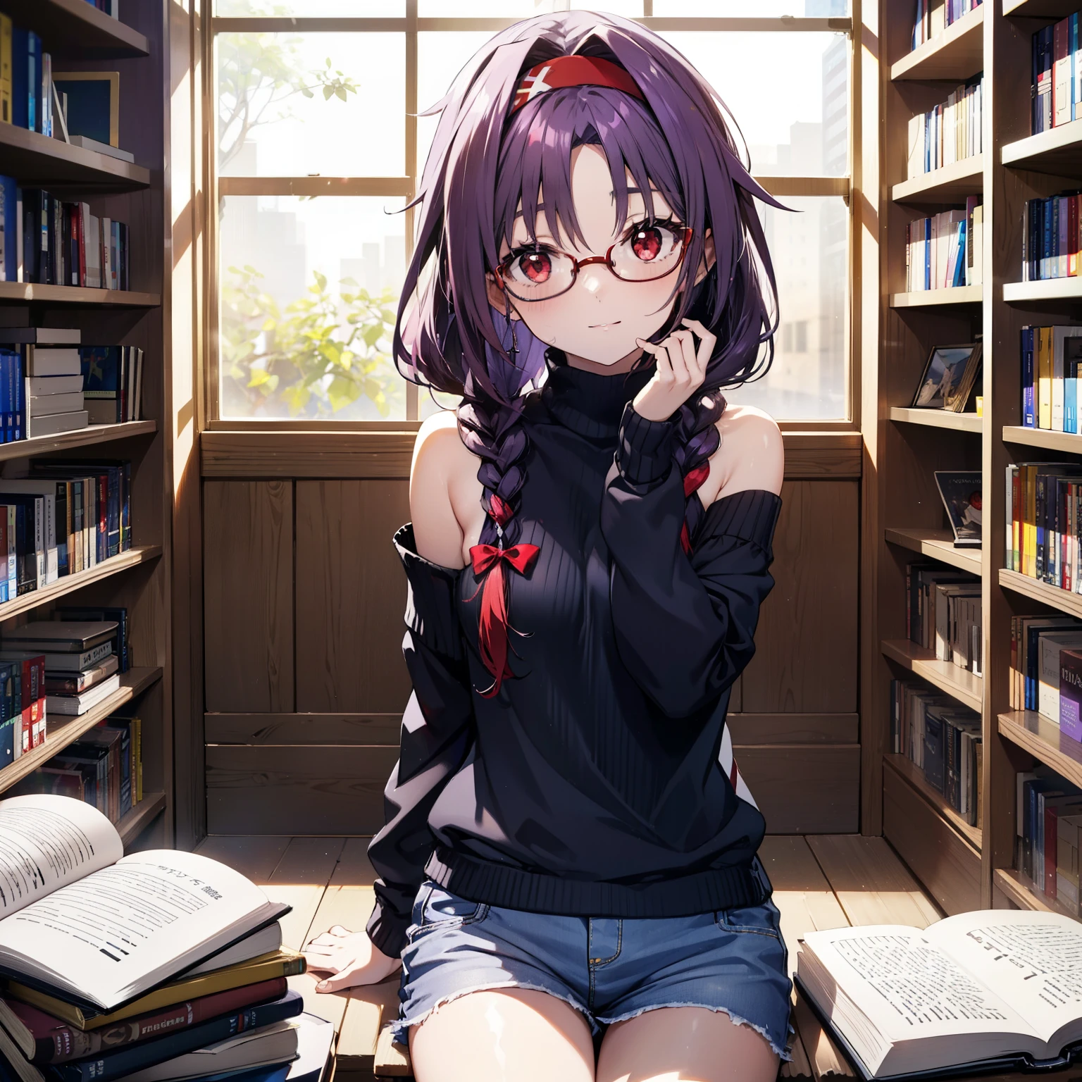 yuukikonno, Konno Yuuki, hair band, Long Hair, Pointed Ears, Purple Hair, (Red eyes:1.5), (Small breasts:1.2), Close your mouth,smile、,Long braids,Black-rimmed glasses,Oversized one-shoulder sweater,Shorts,short boots,sitting in a chair reading a book,
BREAK looking at viewer, whole body,(Cowboy Shot:1. 5)
BREAK indoors, Figure Library,
BREAK (masterpiece:1.2), highest quality, High resolution, unity 8k wallpaper, (figure:0.8), (Beautiful fine details:1.6), Highly detailed face, Perfect lighting, Highly detailed CG, (Perfect hands, Perfect Anatomy),