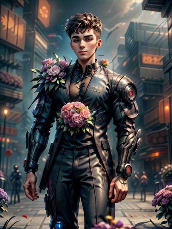 Obra-prima absurda imagem de alta qualidade HDR de um retrato de ((um jovem e viril, garoto estudante sexy e forte, 20 anos de idade, segurando buquê de flores, bonito)), ((Estilo de tema Cyberpunk de Tim Burton)) no fundo da cidade em chamas