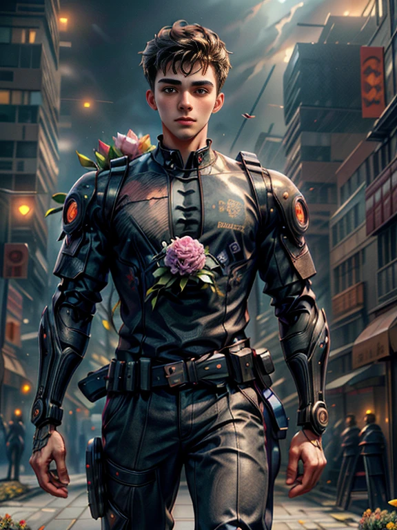 Absurd masterpiece HDR high quality image of a portrait of ((a young and manly, sexy and strong student boy, 20 years old, holding bouquet of flowers, handsome)), ((Tim Burton Cyberpunk theme style)) in the background of burning city