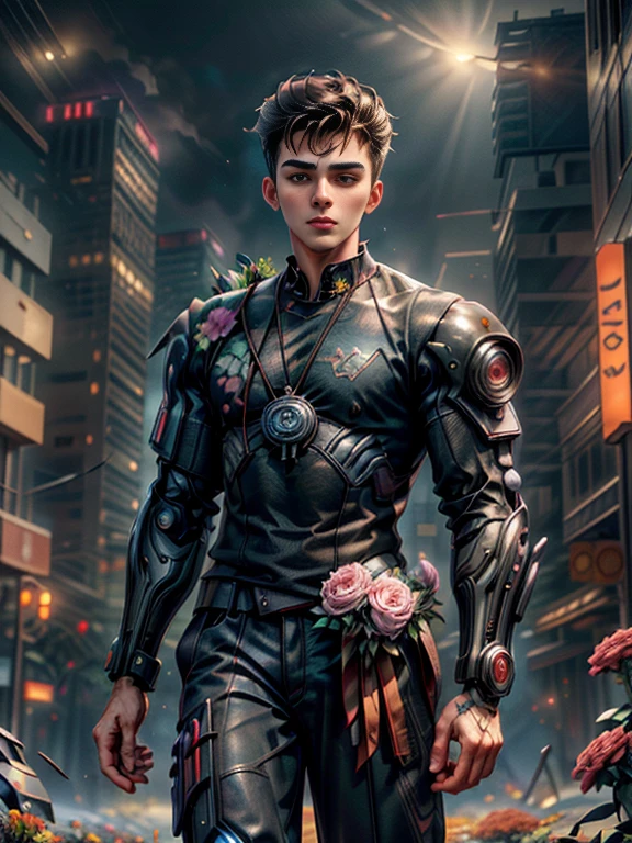 Obra maestra absurda Imagen HDR de alta calidad de un retrato de ((un joven y varonil, chico estudiante sexy y fuerte, 20 años, sosteniendo ramo de flores, elegante)), ((Estilo del tema Tim Burton Cyberpunk)) en el fondo de la ciudad en llamas