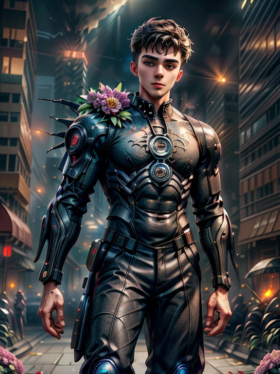 Obra-prima absurda imagem de alta qualidade HDR de um retrato de ((um jovem e viril, garoto estudante sexy e forte, 20 anos de idade, segurando buquê de flores, bonito)), ((Estilo de tema Cyberpunk de Tim Burton)) no fundo da cidade em chamas