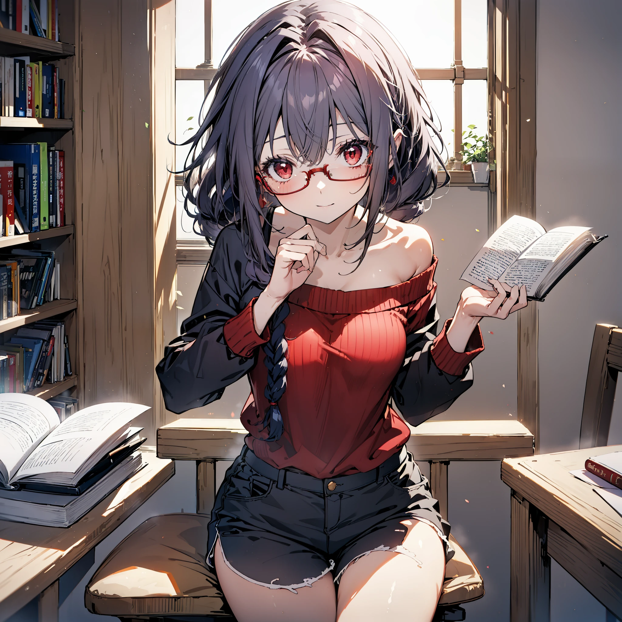 yuukikonno, Konno Yuuki, hair band, Long Hair, Pointed Ears, Purple Hair, (Red eyes:1.5), (Small breasts:1.2), Close your mouth,smile、,Long braids,Black-rimmed glasses,Oversized one-shoulder sweater,Shorts,short boots,sitting in a chair reading a book,
BREAK looking at viewer, whole body,(Cowboy Shot:1. 5)
BREAK indoors, Figure Library,
BREAK (masterpiece:1.2), highest quality, High resolution, unity 8k wallpaper, (figure:0.8), (Beautiful fine details:1.6), Highly detailed face, Perfect lighting, Highly detailed CG, (Perfect hands, Perfect Anatomy),
