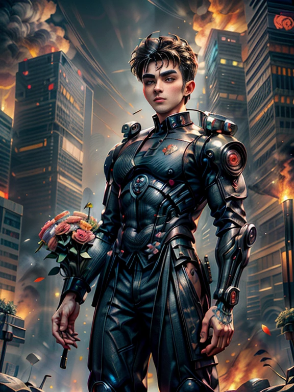 Absurd masterpiece HDR high quality image of a portrait of ((a young and manly, sexy and strong 20 years old student boy holding bouquet of flowers, handsome)), ((Tim Burton Cyberpunk theme style)) in the background city on fire(( on fire))