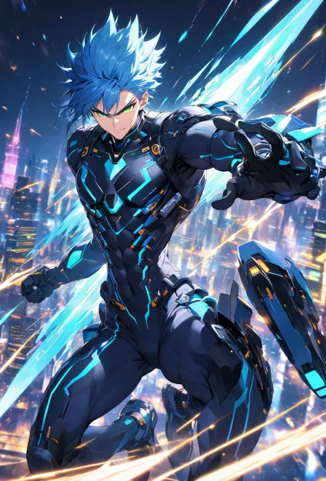 dressed in a futuristic black and blue cyber suit、dynamic male character with glowing led lines, short, spiky blue hair, sharp g...