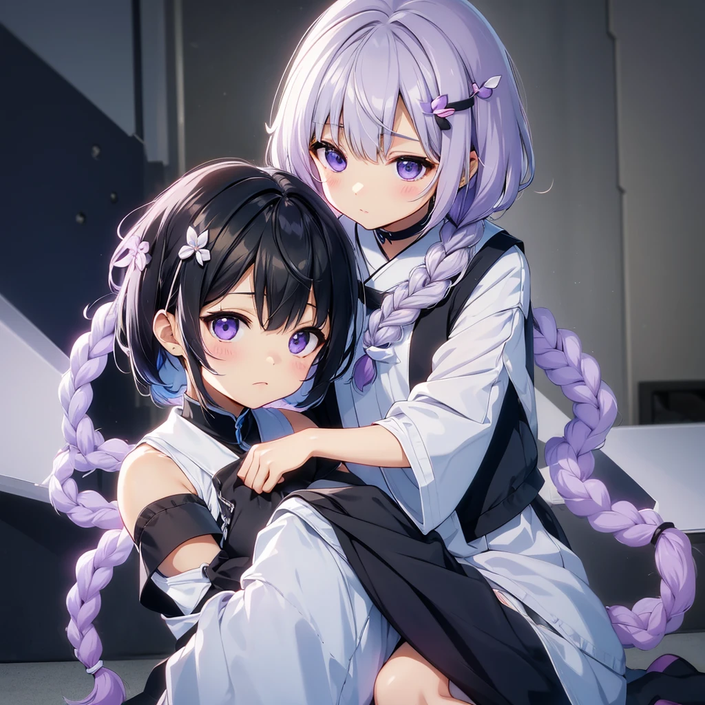 masterpiece,Little,cute、こたつでくつろぐLittle女の子とLittle男の子、Relaxed facial expression、Mikan and cat kotatsu、sdcgsd、Milky white and purple gradient long hair、Double braid、Black and white diamond-shaped hair ornaments on both sides、Little男の子、The boy has two-tone white and light blue short hair.、Taking a nap together、Heartwarming、A fluffy world、ゆるcute世界、The best light source、