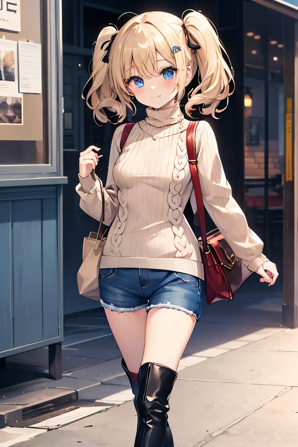 Blonde、Blue Eyes、girl、Small breasts、Twin tails、girl、Small breasts、Lolita、Bright smile、Looks about 15 years old、Petan Musume、short、目のhighlight、Sexy thighs、Walking Outside、blue sky、(Long knit sweater with beige high neck:1.4), ,(Blue jeans fabric shorts),(Black boots)、(Small Black Enamel Bag)、Your eyes are so beautiful、highlight