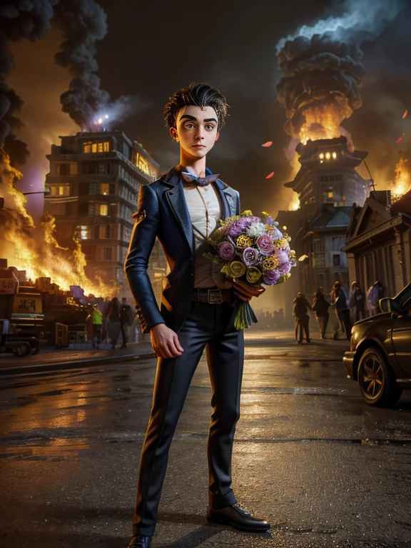 Absurd masterpiece HDR high quality image of a portrait of ((a young and manly, sexy and strong 20 years old student boy holding bouquet of flowers, handsome)), ((Tim Burton Cyberpunk theme style)) in the background city on fire(( on fire))