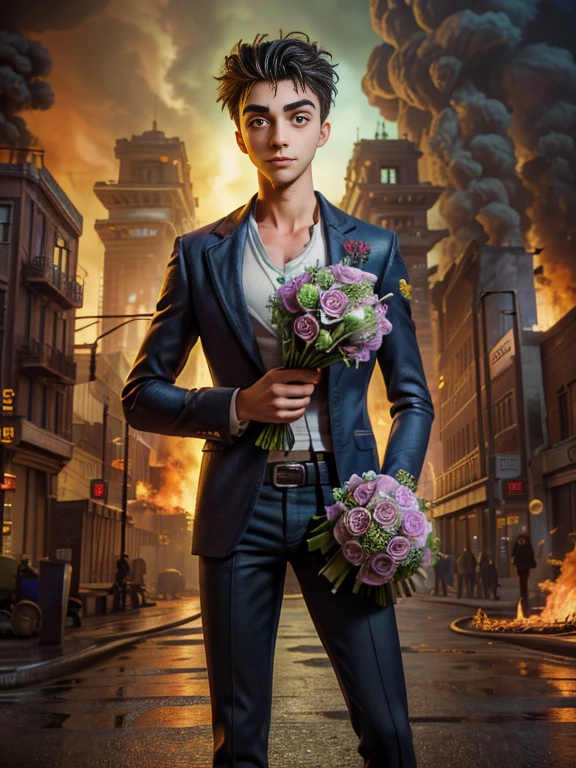 Absurd masterpiece HDR high quality image of a portrait of ((a young and manly, sexy and strong 20 years old student boy holding bouquet of flowers, handsome)), ((Tim Burton Cyberpunk theme style)) in the background city on fire(( on fire))