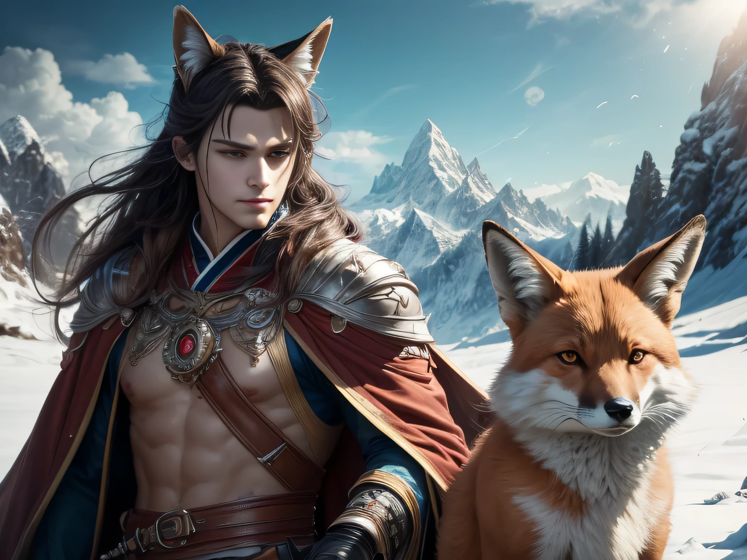 (Best Quality, 8K, Masterpiece, HDR, Soft Lighting, Picture Perfect, Realistic, Vivid), Black-haired guy with fox ears and baby fox animal lie on the snow, on the mountainside, Anime Illustrations, Beautiful Illustrations, Exquisite Digital Illustrations, Realistic digital anime, realistic digital anime art, (ultra high quality fantasy art), masterpiece, male model, ultra high quality male character designs, anime art with 8k development, realistic anime art, highest quality wallpaper illustrations, complex ultra high quality accurate male characters faces, high quality design and accurate physics (super-quality fantasy style)), art, dark fantasy)) Style), masterpieces, super-quality characters, anime resolution - 8K, realistic anime art, wallpapers with the highest quality illustrations, ultra-high detail of faces, high-quality design and physics accuracy), color, depth of field, shadows, ray tracing, production of high-quality computer wallpapers and 8K resolution, (Accurate simulation of the interaction of light and materials)], [High-quality detailed hair [More about beautiful and shiny red hair]], (Beautifully detailed hands [perfect fingers [Perfect nails]], (perfect anatomy (perfect proportions)))) [[Full length]], [Perfect color combination (Accurate imitation of the interaction of light and material)], [art that conveys the meaning of the story ]