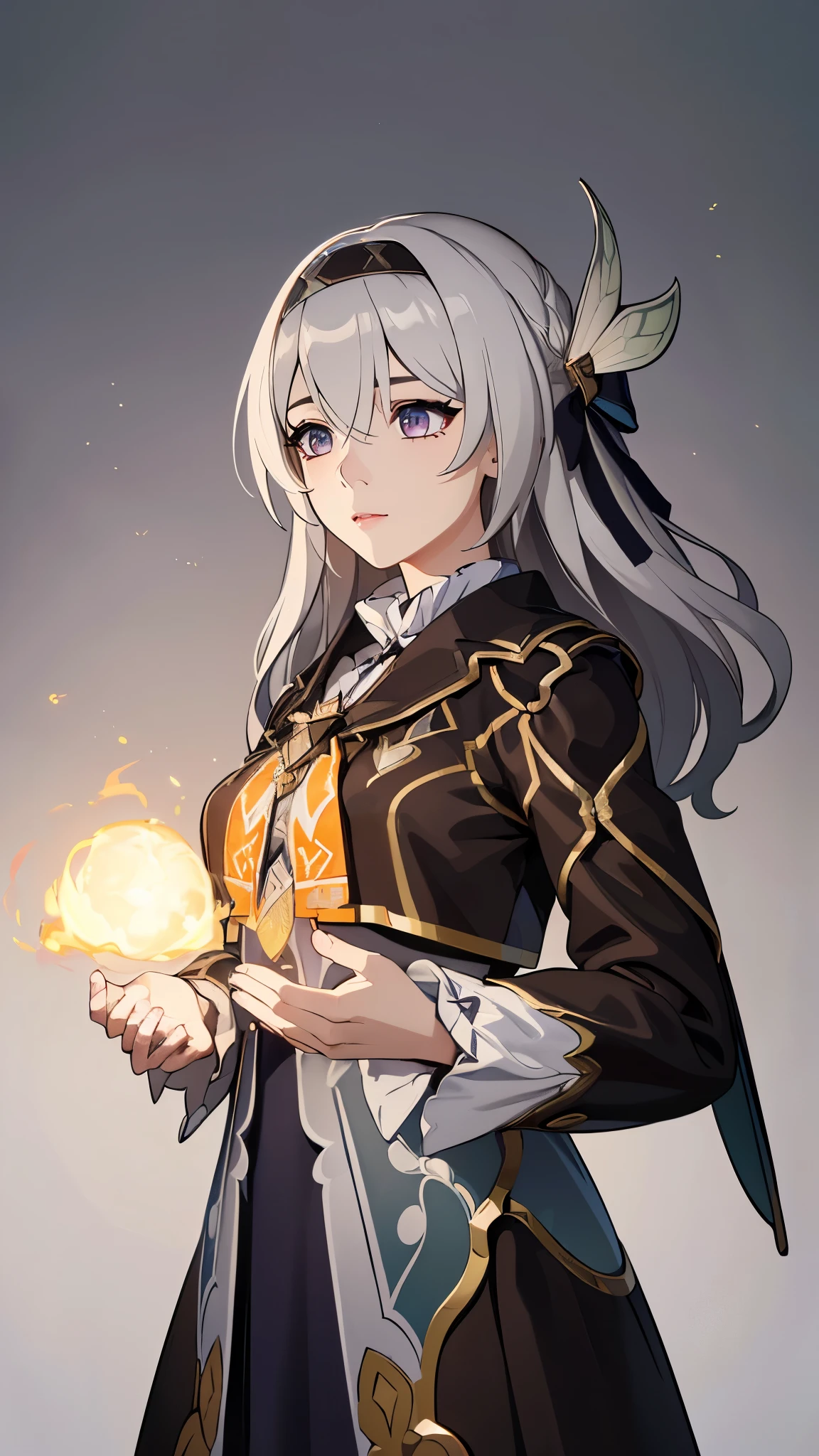 ((8K resolution))、((highest quality))、((masterpiece))、((Very detailed))((((dramatic))), (Anatomically correct)、((theme、whole body:1.1)、fireflydef, jacket, dress, bow, hairband, hair ornament, grey hair