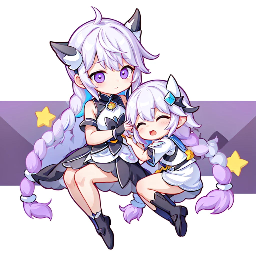 masterpiece,Little,cute、こたつでくつろぐ幼馴染のLittle女の子とLittle男の子、Relaxed facial expression、Mikan and cat kotatsu、sdcgsd、Milky white and purple gradient long hair、Double braid、Black and white diamond-shaped hair ornaments on both sides、Little男の子、The boy has two-tone white and light blue short hair.、Taking a nap together、Heartwarming、A fluffy world、ゆるcute世界、The best light source、