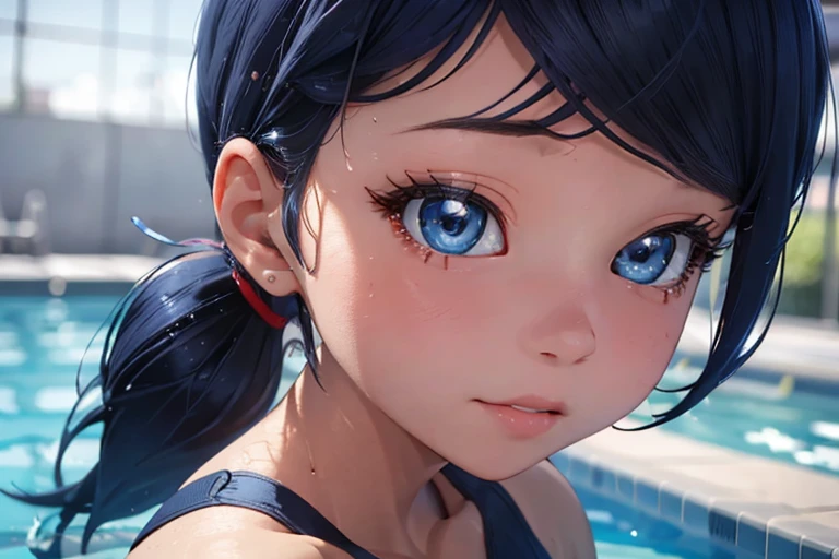 a  with blue hair in two ponytails, wearing an adjustable one-piece swimsuit, at the school swimming pool in Paris, France, detailed facial features, beautiful detailed eyes, beautiful detailed lips, extremely detailed face, long eyelashes, photorealistic, high quality, 4k, 8k, hyperrealistic, masterpiece, ultra-detailed, realistic, photo-realistic, HDR, UHD, studio lighting, ultra-fine painting, sharp focus, physically-based rendering, extreme detail description, professional, vivid colors, bokeh, portrait