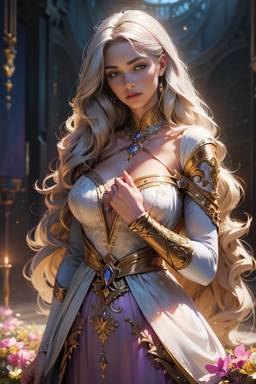 (masterpiece, ultra quality, High resolution, 8k, complex: 1.2) Photorealistic cover of the book "Epic Romantic Fantasy". Spring romantic fantasy in the center is a handsome tall man with half a body, LONG WHITE hair on a man, ultra-detailed beautiful faces, he stands behind an incredibly beautiful young femme fatale in a bright delicate dress, proportional, delicate, shimmering, ultra-detailed beautiful faces, he hugs her, Bokeh day, fabulous magic, Mysterious, light spring color scheme, (Best quality,8K,A High resolution,masterpiece:1.2),ultra-detailed, (Realistic,Photorealistic,Photorealistic:1.37),portrait,Work in a creative style,Historical,classic,Complex,many colors,very detailed,soft lighting,luxurious furnishings,detailed dress,bright flowers,detailed jewelry,unearthly atmosphere,Elegant pose,Graceful curves,Golden proportions of the body,loose hair,Exciting textile patterns,harsh purple eyesDelicate floral decoration,Magnificent array of crystal accessories,Mysterious and dreamy atmosphere,Impeccable attention to detail.