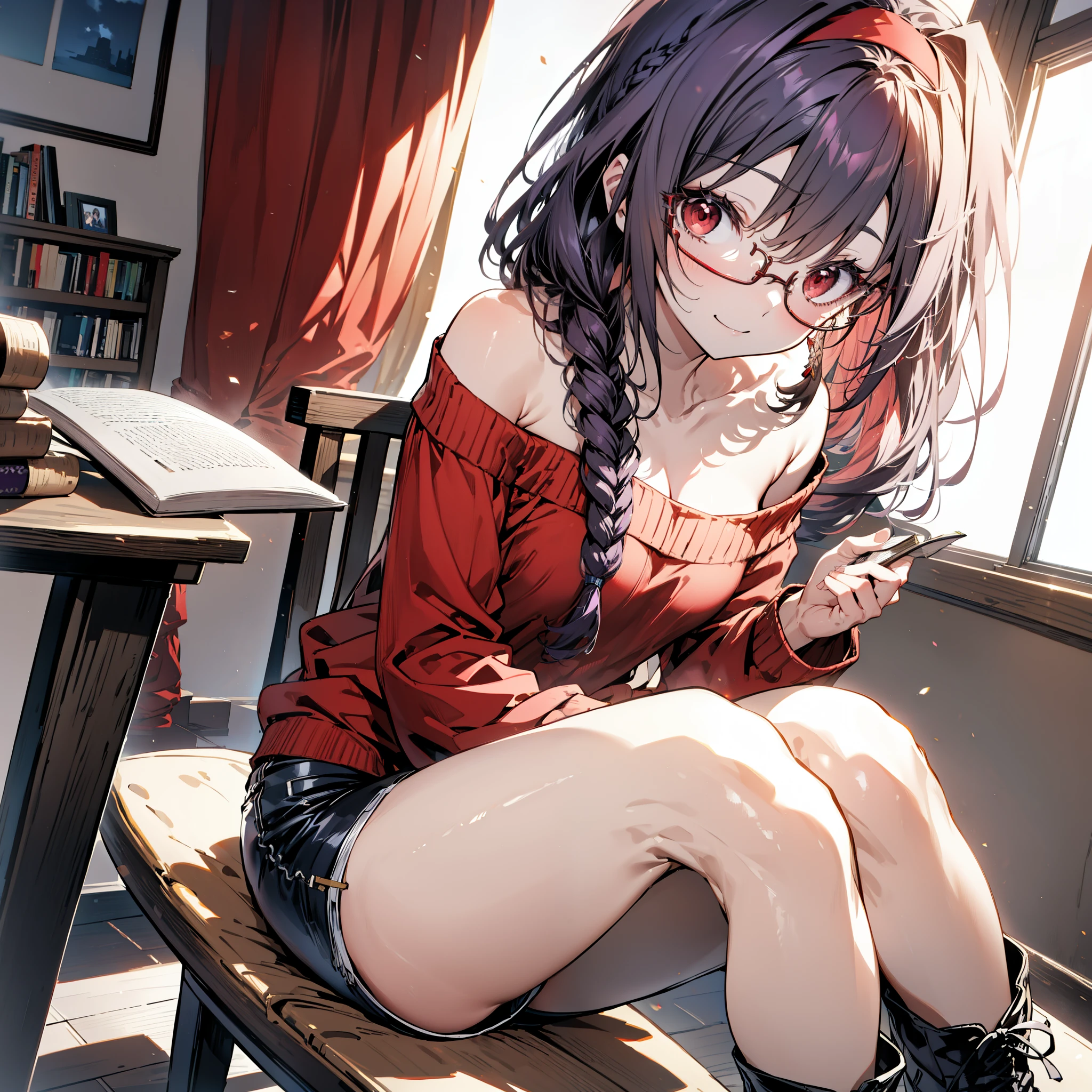 yuukikonno, Konno Yuuki, hair band, Long Hair, Pointed Ears, Purple Hair, (Red eyes:1.5), (Small breasts:1.2), Close your mouth,smile、,Long braids,Black-rimmed glasses,Oversized one-shoulder sweater,Shorts,short boots,sitting in a chair reading a book,
BREAK looking at viewer, whole body,(Cowboy Shot:1. 5)
BREAK indoors, Figure Library,
BREAK (masterpiece:1.2), highest quality, High resolution, unity 8k wallpaper, (figure:0.8), (Beautiful fine details:1.6), Highly detailed face, Perfect lighting, Highly detailed CG, (Perfect hands, Perfect Anatomy),