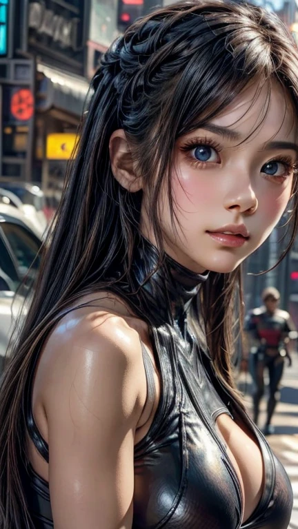 1girl in tight combat outfit, detailed face, beautiful detailed eyes, beautiful detailed lips, extremely detailed face and features, longeyelashes, dynamic action pose, fighting against enemy, intricate futuristic cyberpunk environment, neon lights, cinematic dramatic lighting, highly detailed, (best quality,4k,8k,highres,masterpiece:1.2),ultra-detailed,(realistic,photorealistic,photo-realistic:1.37),cinematic,science fiction,cyberpunk