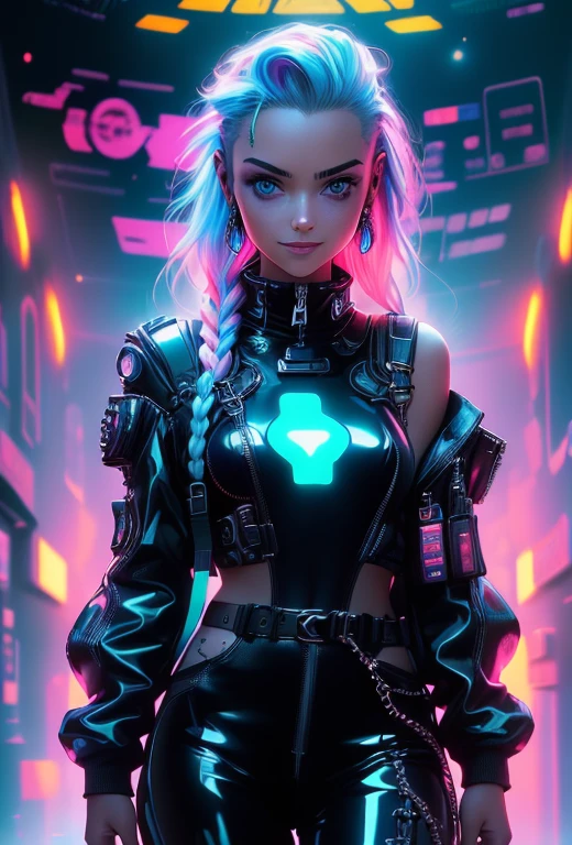 ((Cyberpunk style image, Create two roles), (Futuristic , space station, space)))_((There are two figures in the center of the composition, close up, Armor that humans can wear，170 cm - all-round growth), (Girl in fashionable overalls, a slim figure, Dynamic poses), (Her clothes look fashionable., Futuristic, Lots of details, Latex material, Textured fabric elements, color, pink, blue, White), (Her images embody beauty and compassion, Her face is filled with happiness, expressive eyes, Smile), (Her hairstyle, Two long braids, hair dyed blue, pink - neon highlights))_((Her partner, a Futuristic boy from the future, Dressed in black, His clothing preferences, dark gothic style, combined with space jumpsuit, Sports fashion), (Shoulder-length hair, Handsome, black eyes, slim, young, Strong body))_((background, space station, space, Technology elements, The stars shine))_((High image quality, Cyberpunk style fashion pictures, Futuristic future, masterpiece), (animated cinematography, Stylized Realism, Japanese Anime, blade runner, Apple seeds, Animation matrix), (Full HD, 18K).