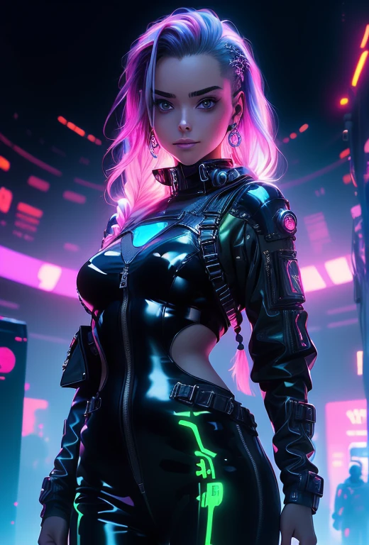 ((Cyberpunk style image, Create two roles), (Futuristic , space station, space)))_((There are two figures in the center of the composition, close up, Armor that humans can wear，170 cm - all-round growth), (Girl in fashionable overalls, a slim figure, Dynamic poses), (Her clothes look fashionable., Futuristic, Lots of details, Latex material, Textured fabric elements, color, pink, blue, White), (Her images embody beauty and compassion, Her face is filled with happiness, expressive eyes, Smile), (Her hairstyle, Two long braids, hair dyed blue, pink - neon highlights))_((Her partner, a Futuristic boy from the future, Dressed in black, His clothing preferences, dark gothic style, combined with space jumpsuit, Sports fashion), (Shoulder-length hair, Handsome, black eyes, slim, young, Strong body))_((background, space station, space, Technology elements, The stars shine))_((High image quality, Cyberpunk style fashion pictures, Futuristic future, masterpiece), (animated cinematography, Stylized Realism, Japanese Anime, blade runner, Apple seeds, Animation matrix), (Full HD, 18K).
