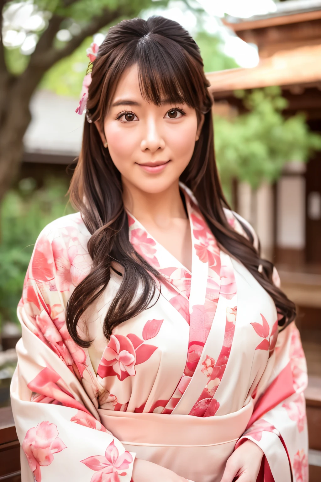 Realistic, Highest quality, 8k, woman, 30 years old, Sakura pattern kimono, Facing forward, Large Bust, Long Hair, Ultra-detailed skin textures, Ultra-detailed eyes, Ultra detailed face, Soft Lighting, Fairy, Bokeh