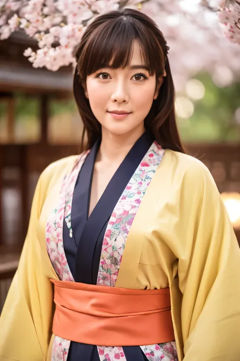 Realistic, Highest quality, 8k, woman, 30 years old, Sakura pattern kimono, Facing forward, Large Bust, Long Hair, Ultra-detaile...