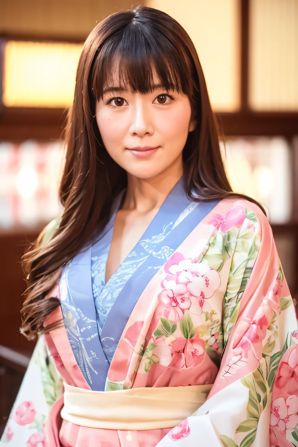 Realistic, Highest quality, 8k, woman, 30 years old, Sakura pattern kimono, Facing forward, Large Bust, Long Hair, Ultra-detailed skin textures, Ultra-detailed eyes, Ultra detailed face, Soft Lighting, Fairy, Bokeh