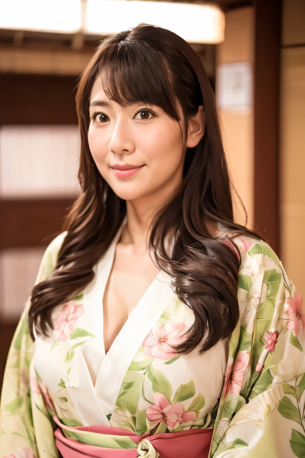 Realistic, Highest quality, 8k, woman, 30 years old, Sakura pattern kimono, Facing forward, (Looking at the camera), Large Bust, Emphasizes the fullness of the chest, Long Hair, Ultra-detailed skin textures, Ultra-detailed eyes, Ultra detailed face, Soft Lighting, Fairy, Bokeh