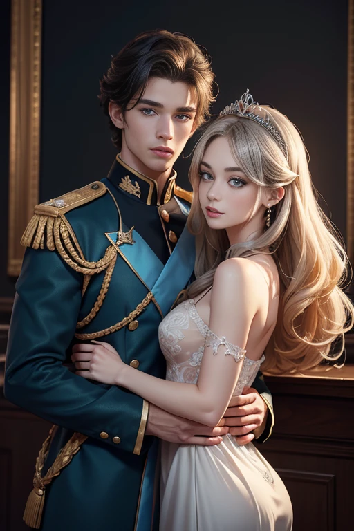 High-quality image of a couple: a blond men (tall, statuesque, handsome, courageous young man with blue eyes, curly golden hair, dressed in a gray antique military uniform) he hugs a woman with a black hair (a fantastically beautiful young femme fatale with long straight black hair, long bangs, she has blackberry eyes, she is a princess, on she has a romantic dress and a tiara). They are in love with each other. The sketches of the "Ideal Anatomy" made by Boris Vallejo are characterized by a high degree of detail. Masterpiece, detailed study of the face, beautiful face, beautiful facial features, perfect image, realistic shots, detailed study of faces, full-length image, 8k, detailed image, extremely detailed illustration, a real masterpiece of the highest quality, with careful drawing.