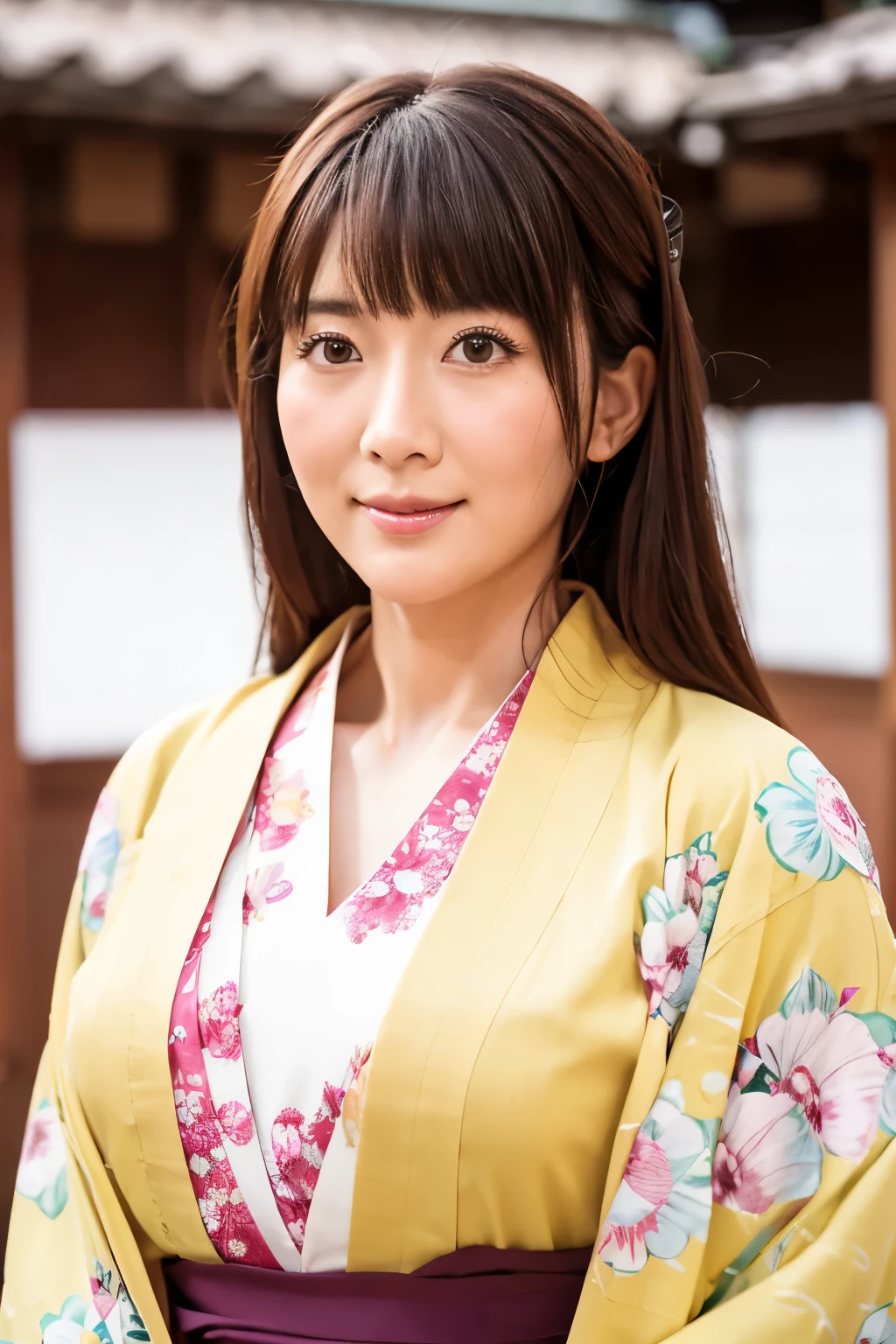 Realistic, Highest quality, 8k, woman, 30 years old, Sakura pattern kimono, Facing forward, (Looking at the camera), Large Bust, Emphasizes the fullness of the chest, Long Hair, Ultra-detailed skin textures, Ultra-detailed eyes, Ultra detailed face, Soft Lighting, Fairy, Bokeh