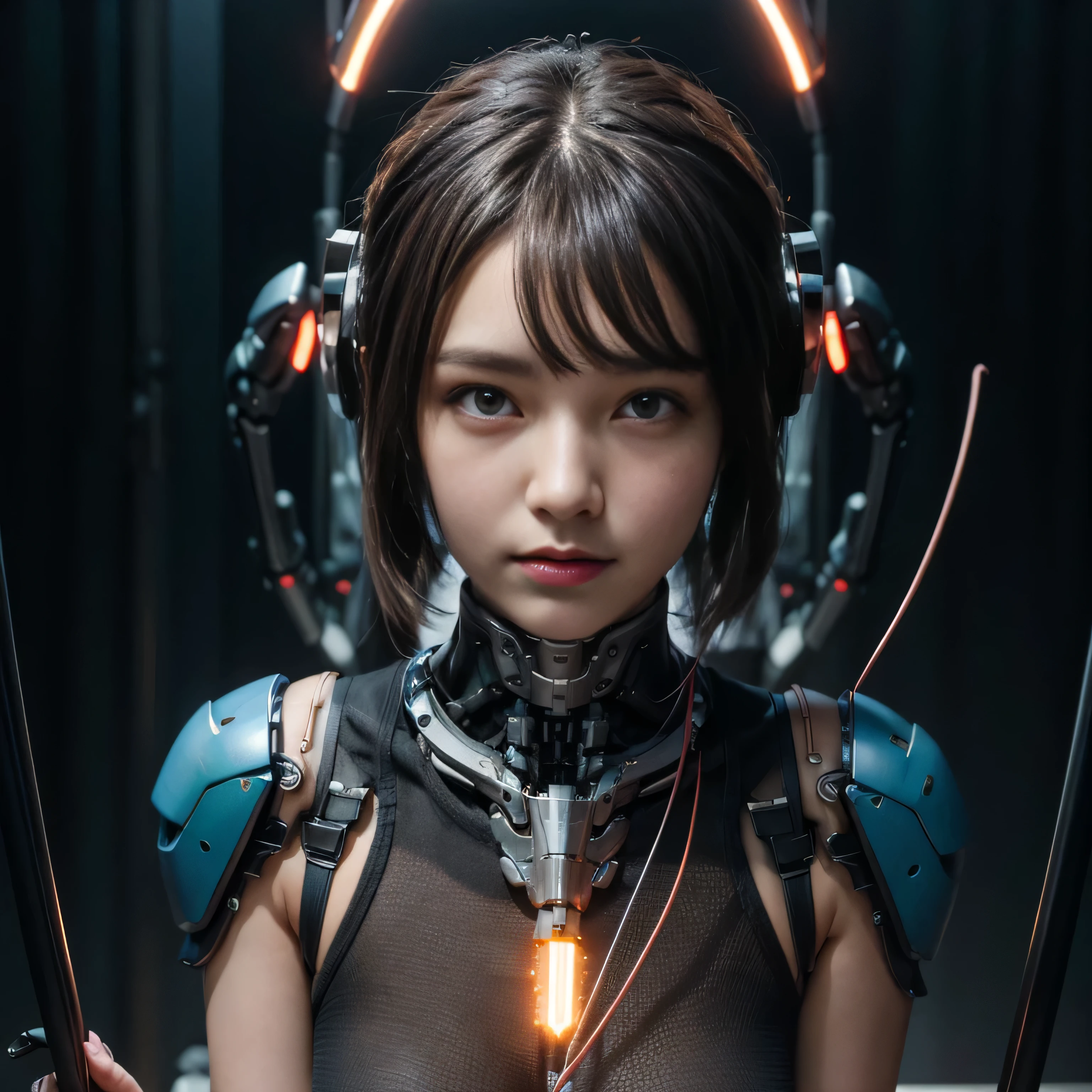 (Skimpy mechanical girl and alien background)、（Mystical expression）、top-quality、​masterpiece、超A high resolution、(Photorealsitic:1.4)、Raw photo、1 girl、glowy skin、(((1 Mechanical Girl)))、（Red Metal Bodysuit）、(Natural alien background to fight aliens)、(Small LED)、((super realistic details))、vertical giant monster background),globalillumination、Shadow、octan render、8K、ultrasharp、Robot background、Colossal 、Raw skin exposed in the cleavage、red metal、Details of complex ornaments、Japan details、highly intricate detail、Realistic light、(Mystical expression),CG Society Trenlow Eyes、Eyes shining towards the camera、Mechanical marginal blood vessels connected to neon detail tubes)、(Wires and cables connecting to the head)、Small LED、,Mechanical thighs、Toostock、（Hands are also made of machines）、robot、future alien、Please wear a mechanical helmet、