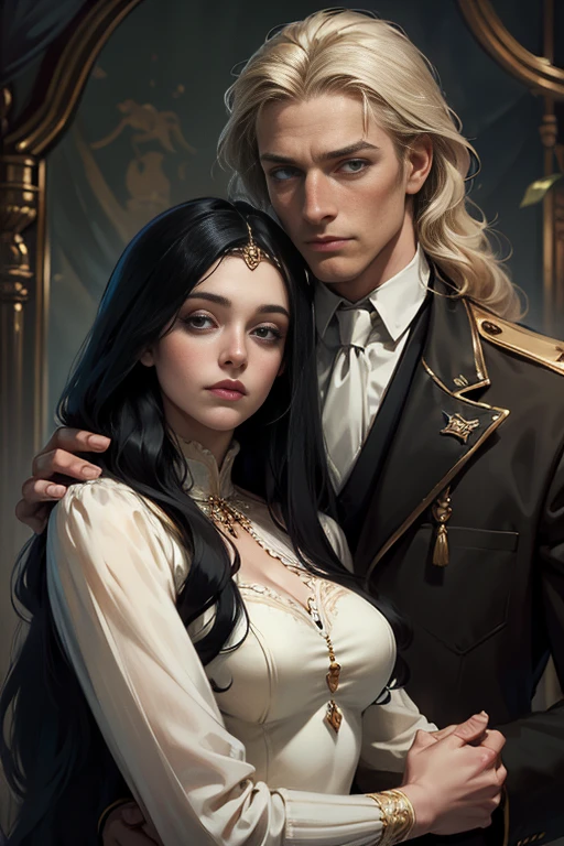 High-quality image of a couple: a blond men (tall, statuesque, handsome, courageous young man with blue eyes, curly golden hair, dressed in a gray antique military uniform) he hugs a woman with a black hair (a fantastically beautiful young femme fatale with long straight black hair, long bangs, she has blackberry eyes, she is a princess, on she has a romantic dress and a tiara). They are in love with each other. The sketches of the "Ideal Anatomy" made by Boris Vallejo are characterized by a high degree of detail. Masterpiece, detailed study of the face, beautiful face, beautiful facial features, perfect image, realistic shots, detailed study of faces, full-length image, 8k, detailed image, extremely detailed illustration, a real masterpiece of the highest quality, with careful drawing.