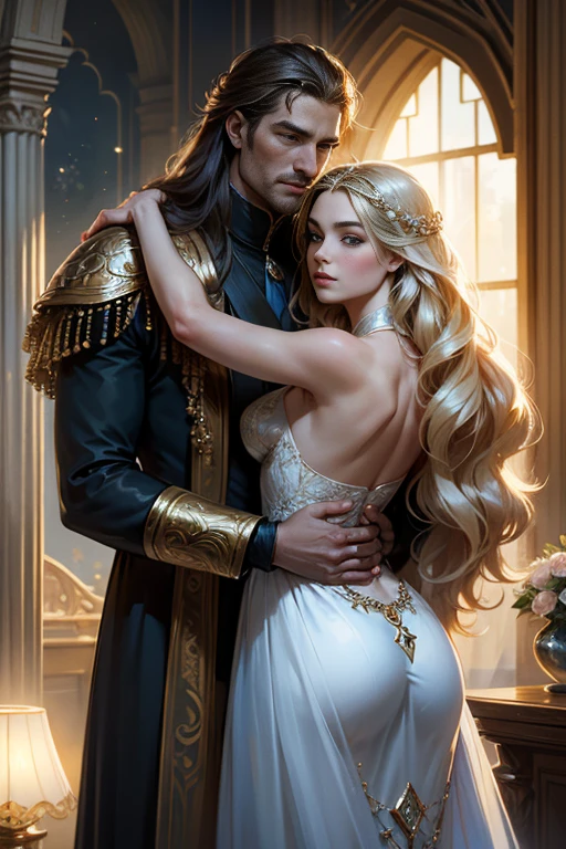 (masterpiece, highest quality, high resolution, 8k, difficulty: 1.2) photorealistic book cover in the genre of epic romantic fantasy, centered on a COUPLE (man and woman). Spring romantic fantasy in the center - a handsome tall statuesque manly young man with long white hair, wearing a military uniform and ribbed armor, he hugs from behind a beautiful incredibly beautiful young femme fatale with long golden hair, blue eyes, she is a princess, proportional, delicate, shimmering, beautiful faces, daytime bokeh, a fairy tale, mysterious, light spring color gamma, (Best quality, 8K, high resolution, Masterpiece: 1,2), Over-detailed (Realistic, Photorealistic, photorealistic-realistic: 1,37), Artistic design in a creative style, Historical, Classic, Exquisite, many colors, High detail, soft lighting, luxurious furnishings, dress with details, Bright flowers, exquisite jewelry, Unearthly atmosphere, Elegant pose, Graceful curves, Golden proportions of the body, Loose hair, Breathtaking textile patterns, Piercing blue eyes, Delicate floral decor, Dazzling set of crystal accessories, Mysterious and dreamy atmosphere, Impeccable attention to detail.