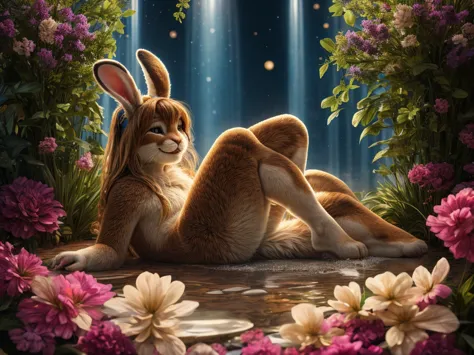 (Mucha style) , Bokeh , naked Photo session advertisement , Hallucination, daydream , (hairy fur:0.9) , messy female rabbit , in...