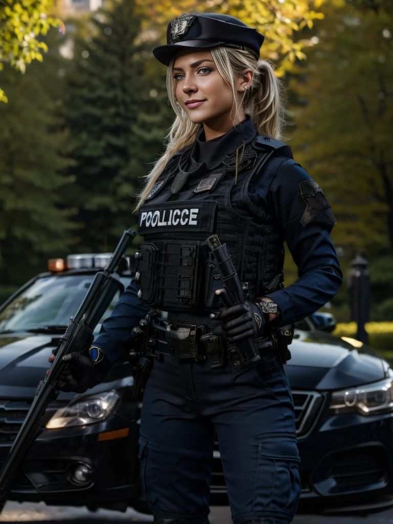 Masterpiece, a beautiful 24 years old American woman in police uniform standing near a city fountain in Central Park, New York. Portrait of a female cop, blond hair in a ponytail, blue-grey eyes, slim runners body, small breasts, absolutely outstanding image, policewoman, wearing a policewoman's uniform, female cop, cop, ultra realistic photo, black police pants, badge, policewoman's hat, policewoman costume, trainee cop, looking at viewer, smiling, beckoning to viewer, alluring, nsfw, bright sunshine, sunny day, Central Park in the Background, 16K, ultra high res.photorealistic, UHD, DSLR, RAW, natural light, depth of field, perfect eyes, perfect hands, perfect body, perfect hair, perfect breast, UHD, retina, masterpiece, accurate, anatomically correct, super detail, high details, high quality, award winning, best quality, highres, 16k, 8k,