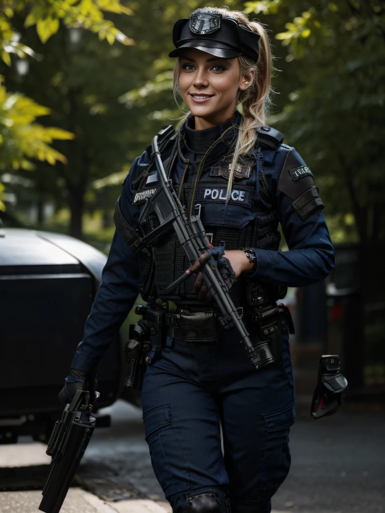 Masterpiece, a beautiful 24 years old American woman in police uniform standing near a city fountain in Central Park, New York. Portrait of a female cop, blond hair in a ponytail, blue-grey eyes, slim runners body, small breasts, absolutely outstanding image, policewoman, wearing a policewoman's uniform, female cop, cop, ultra realistic photo, black police pants, badge, policewoman's hat, policewoman costume, trainee cop, looking at viewer, smiling, beckoning to viewer, alluring, nsfw, bright sunshine, sunny day, Central Park in the Background, 16K, ultra high res.photorealistic, UHD, DSLR, RAW, natural light, depth of field, perfect eyes, perfect hands, perfect body, perfect hair, perfect breast, UHD, retina, masterpiece, accurate, anatomically correct, super detail, high details, high quality, award winning, best quality, highres, 16k, 8k,
