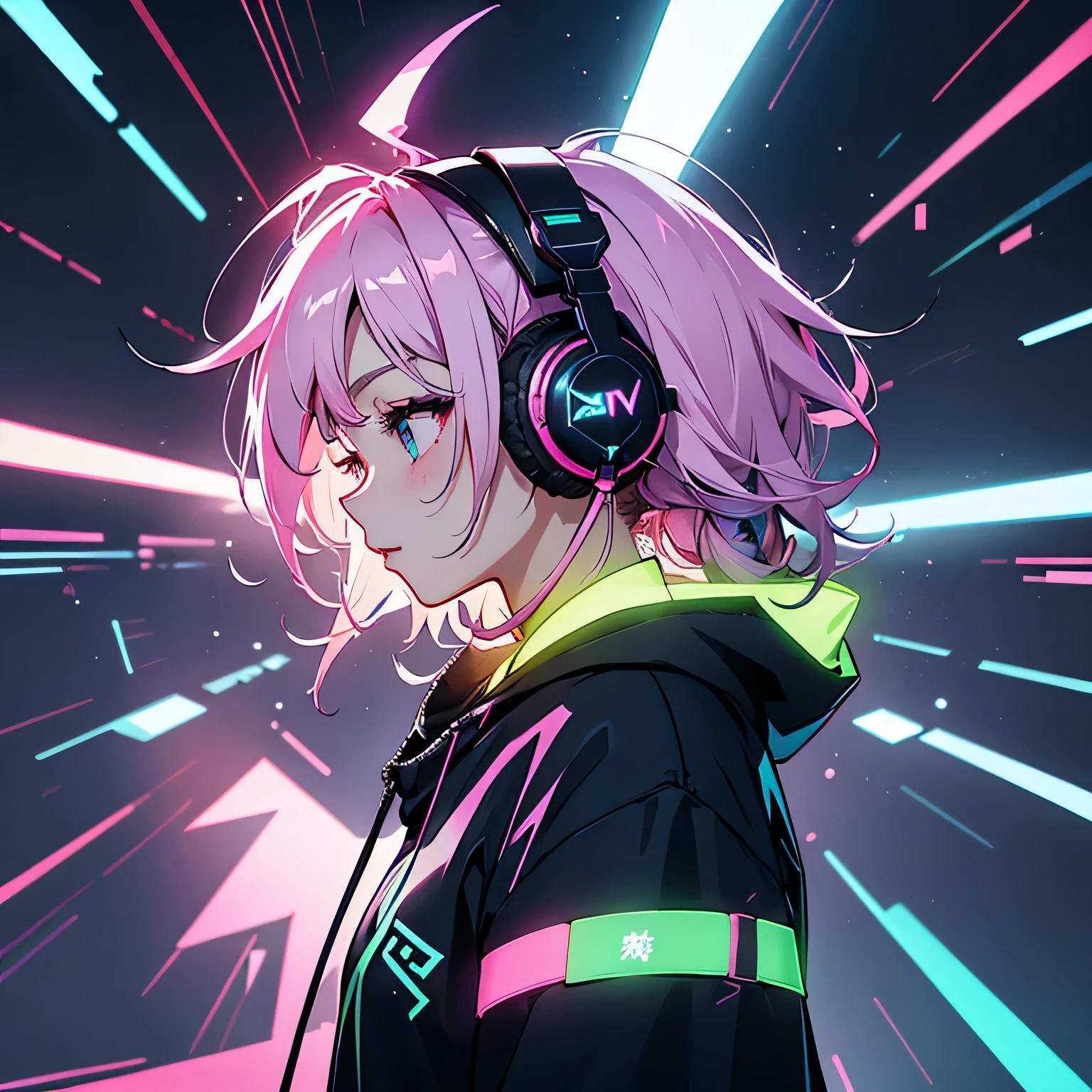 Cyberpunk-Hintergrund, dunkle Stadt、bunt、Neon、Kopfhörer、Blitzzeichen auf den Ohrenschützern der Kopfhörer、Profil、Mädchen、Ihre Haarfarbe ist rosa.、In a hoodie