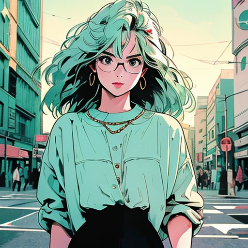 whole body, Upper Body、One beautiful woman, 4K, Warm colors , White blouse、skirt, pedestrian crossing、Signal, 、intersection、Complex background、Pale green hair、Wear glasses