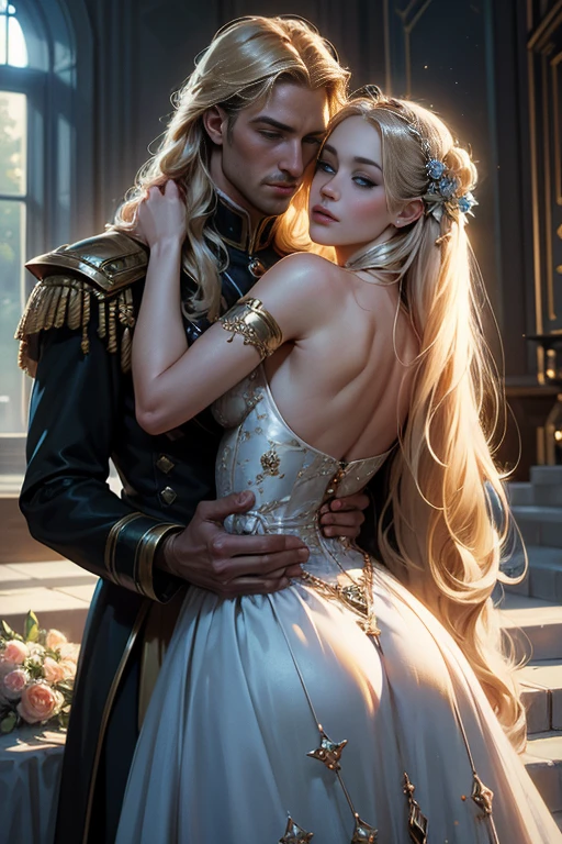 (masterpiece, highest quality, high resolution, 8k, difficulty: 1.2) photorealistic book cover in the genre of epic romantic fantasy, in the center of which a COUPLE (a man and a woman) is depicted. Spring romantic fantasy in the center stands a handsome, tall, statuesque, courageous young man-blond with long white hair, dressed in military uniform and silver armor, he hugs from behind a beautiful, incredibly beautiful young femme fatale with long golden hair, blue eyes, she is a princess, she is sad, proportional, gentle, shimmering, beautiful faces, she does not like him, he is unpleasant to her, daytime bokeh, fairy fairy, mysterious, bright spring color scheme, (Best quality, 8K, high resolution, Masterpiece: 1,2), Ultra-detailed (Realistic, Photorealistic, photorealistic-realistic: 1.37), Artistic design in a creative style, Historical, Classic, refined, many colors, High detail, soft lighting, luxurious furnishings, dress with details, bright flowers, exquisite jewelry, Unearthly atmosphere, Elegant pose, Graceful curves, Golden body proportions, Loose hair, Breathtaking textile patterns, Piercing blue eyes, Delicate floral decor, Dazzling set of crystal accessories, Mysterious and dreamy atmosphere, Impeccable attention to detail.