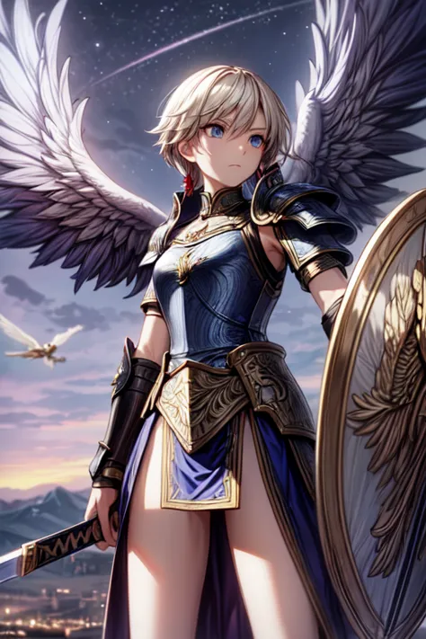 a strong angel in heavenly armor, with shield-sword, seven wings, ready for battle