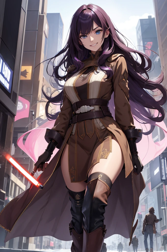 (absurdres, highres, ultra detailed), 1woman, mature female, wavy long hair, dark purple hair, blue eyes, pink skin, bangs, long sleeves, detailed eyes, detailed hands, extremely detailed, brown gloves, high boots, brown robe, looking at viewer, solo, full body shot, detailed background, detailed face, cyber theme, wind swirling, city background, yewllow lightsaber, future tech, sexy facial expression (Smile with eyes),
